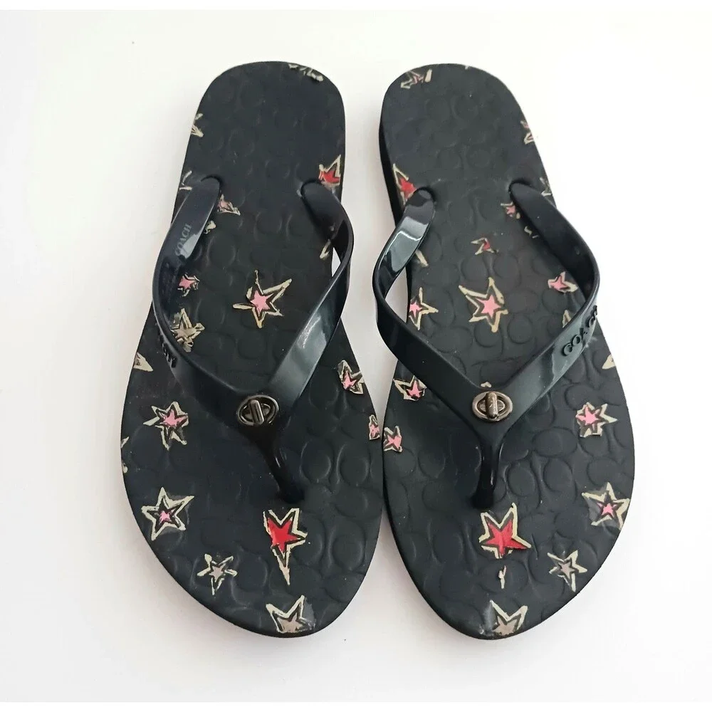Coach Abbigail Turnlock Flip Flops Black C Logo Embossed Insole w Stars Sz 9 - Picture 8 of 9